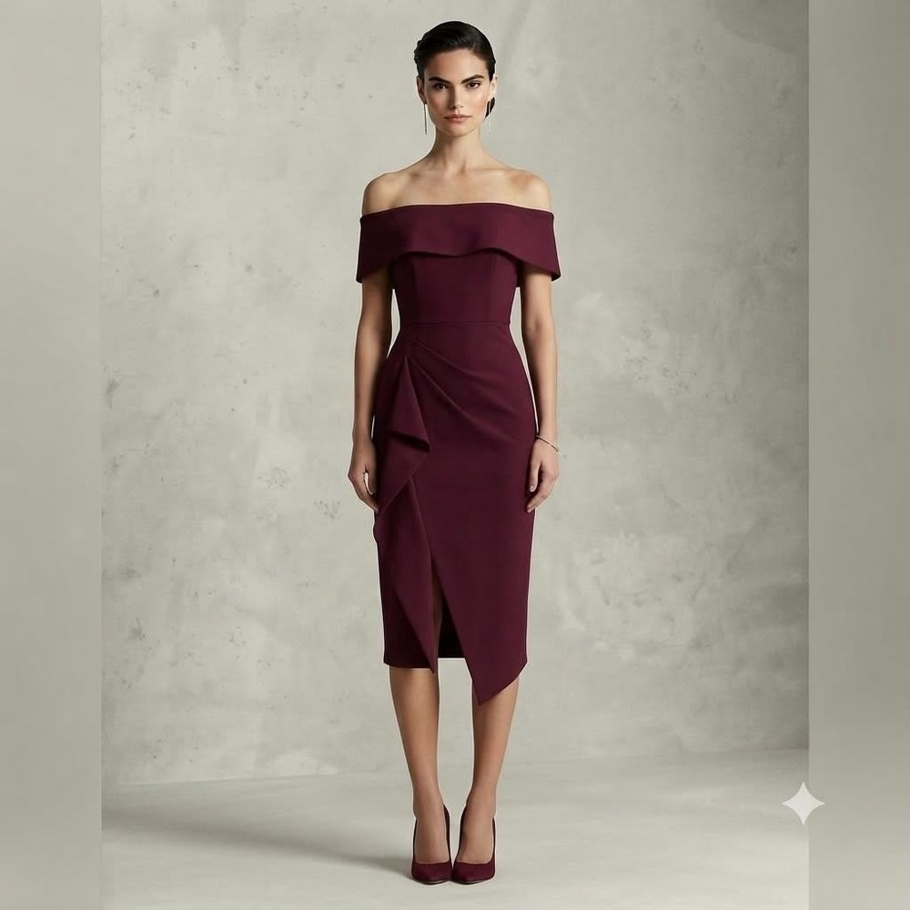 Betsy Adam Dress Women 4 Burgundy Off The Shoulder Ruffle Asymmetrical Cocktail